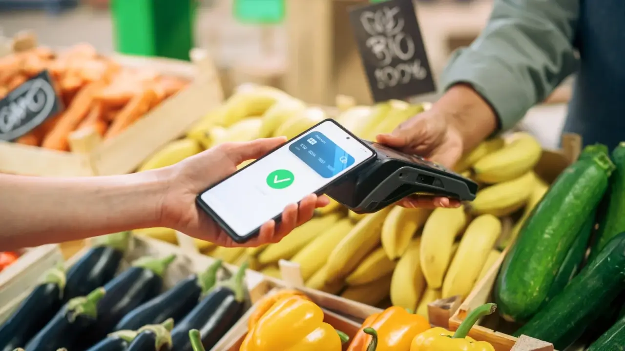 The process of payment by terminal, the buyer puts his smartphone to the terminal for payment at the vegetable market.