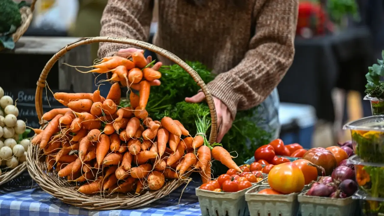 A vendor in a brown sweater arranges neat bunches of fresh orange carrots with lush green leaves on a counter next to other vegetables including radishes and tomatoes.