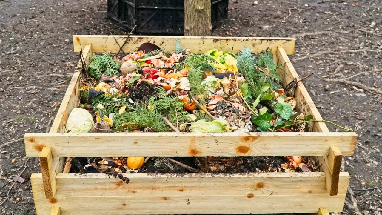 A large wooden compost bin full of garden waste, including green leaves, dry leaves, branches and kitchen waste.
