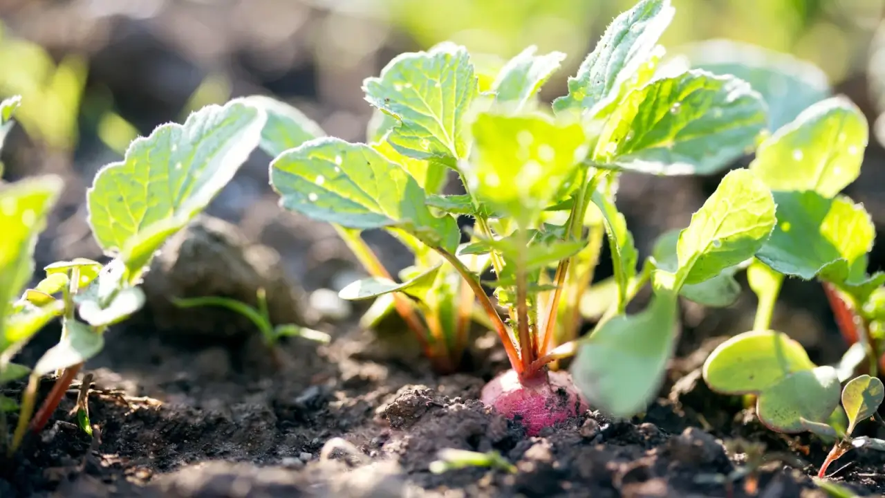 Close-up of a small, round pinkish root with smooth skin partially above dark soil, surrounded by bright green, slightly crinkled leaves in a sunny garden.