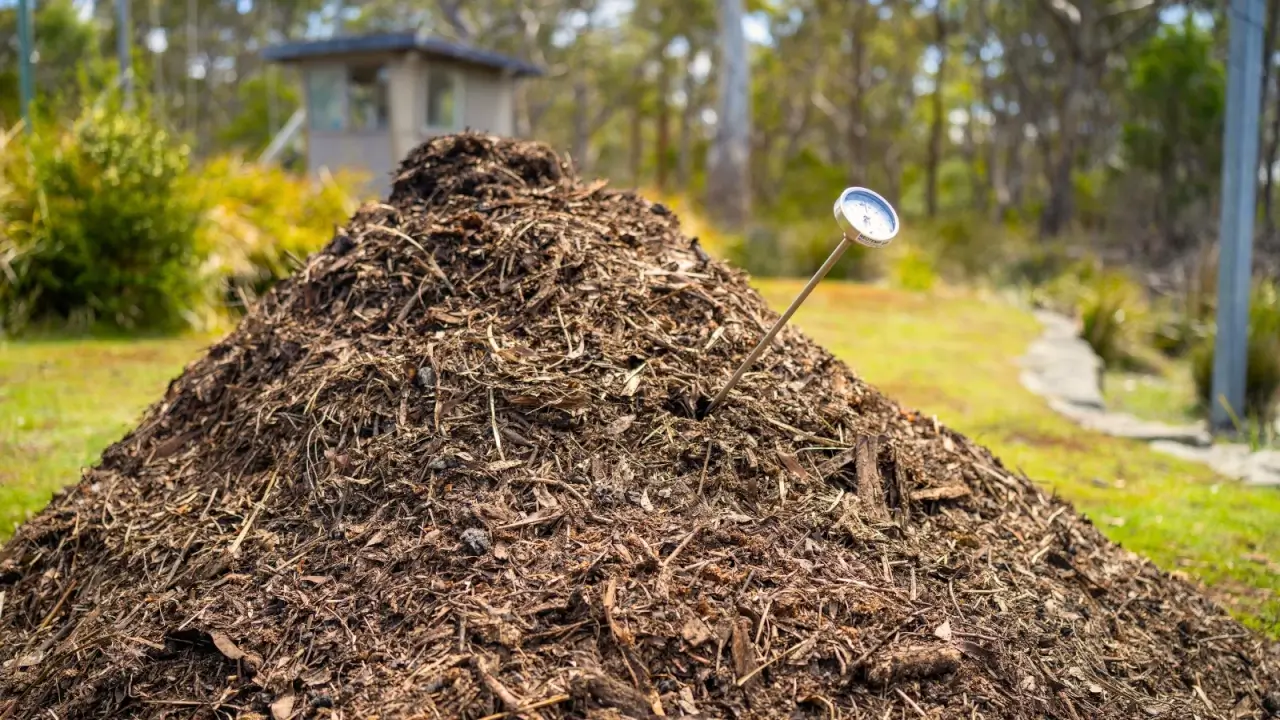 A round thermometer with a long stem is stuck into a large dark brown compost pile.