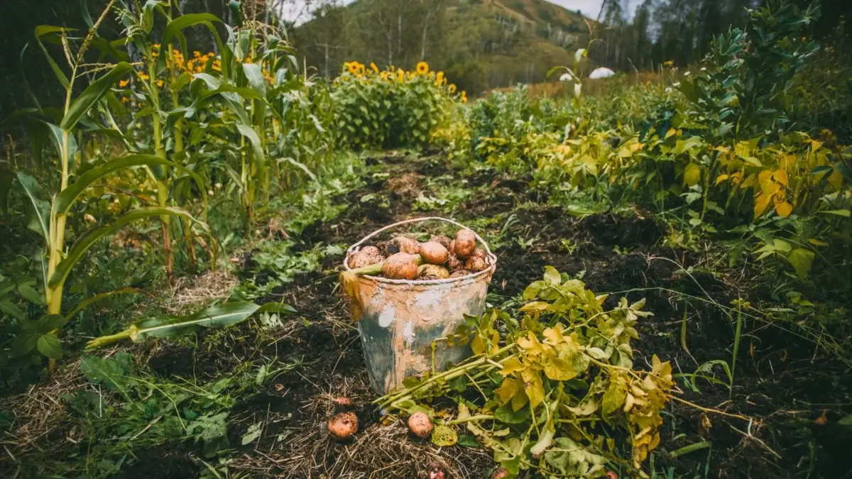 A bucket full of freshly picked potatoes in a vegetable garden bed among various crops and tall blooming sunflowers, as one of the wildflowers that fight potato viruses.