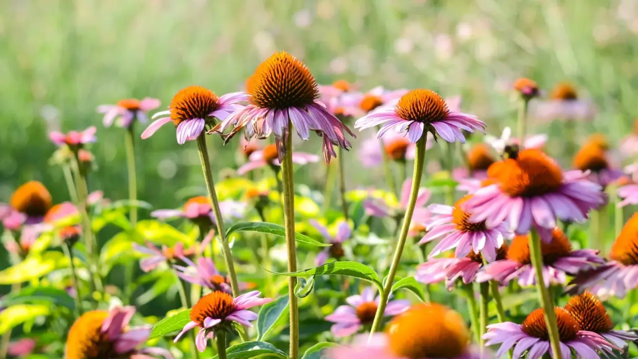Echinacea purpurea produces large, daisy-like flowers with delicate purple, narrow petals radiating from cone-shaped copper centers, on upright stems with green, lanceolate foliage.