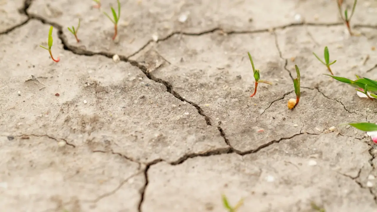 Close-up of light beige saline soil with dry cracks, from which tiny seedlings with pink stems and green foliage have sprouted.