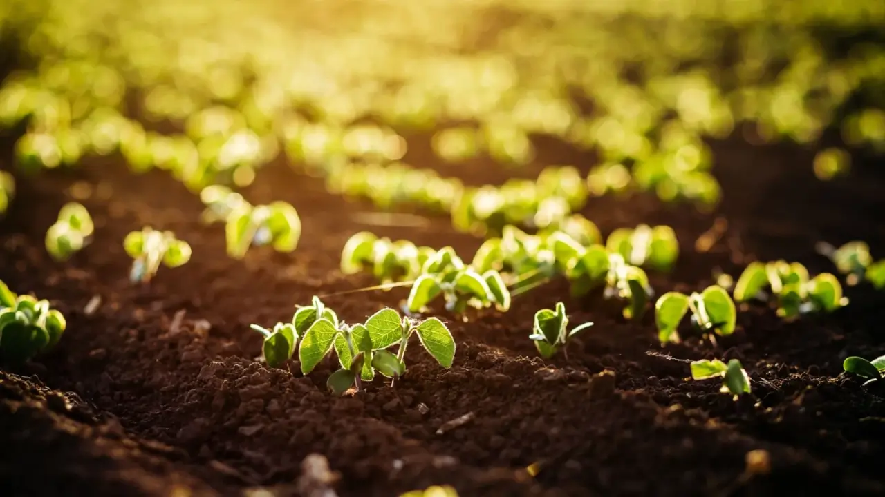 Crops grow in rich, fertilized soil. 
