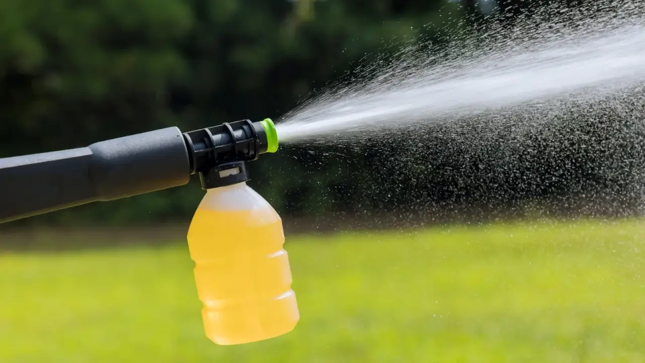 Sprayer nozzle with plastic bottle full of yellowish liquid expels stream of liquid onto lush green grass in a sunny garden.