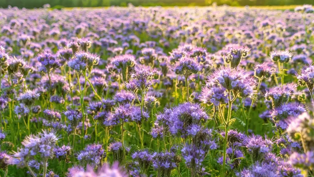 A sunny field is covered with blooming cover crop, its curled purple flowers rising above fine, fernlike green leaves and slender stems.