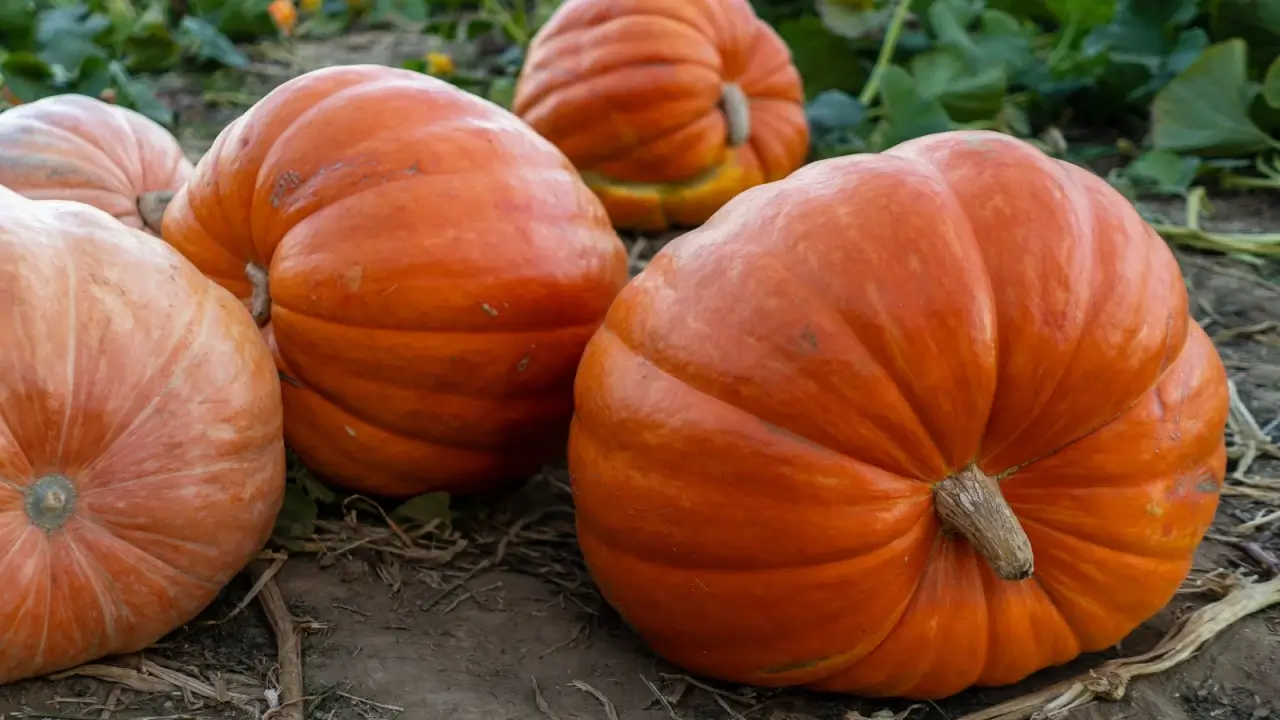 Huge, bright orange, ribbed pumpkins lie on the ground against a field.