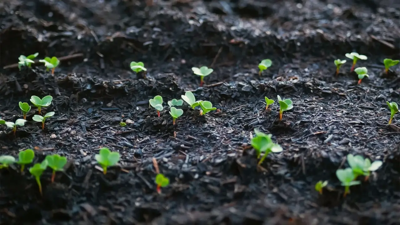 Young green seedlings with smooth, heart-shaped leaves emerge from moist, black soil covered with a thin layer of small wood chips.