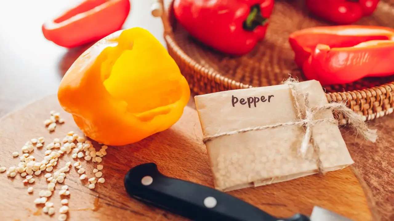 Sweet pepper halves, scattered small pale beige seeds and a paper envelope with saved seeds for planting next season.
