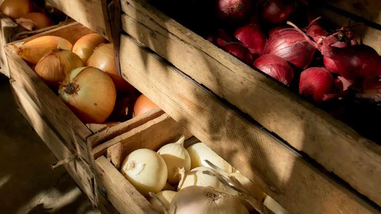 A mix of red and white onions are placed in wooden boxes for winter storage.