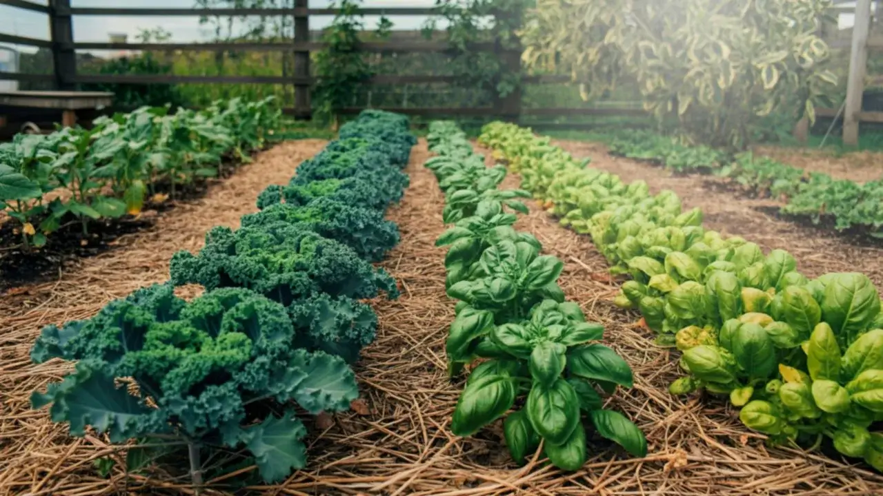 A small area in the farm with cover crops February, appearing to show various leafy greens including kale and spinach as well as herbs in mulched beds