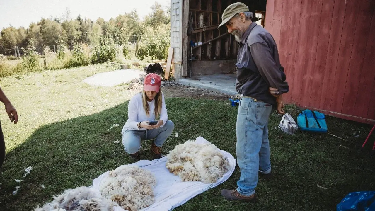 Melissa Schneider crouching beside a tarp with clumps of wool, having a man stand nearby looking at the laid out wool