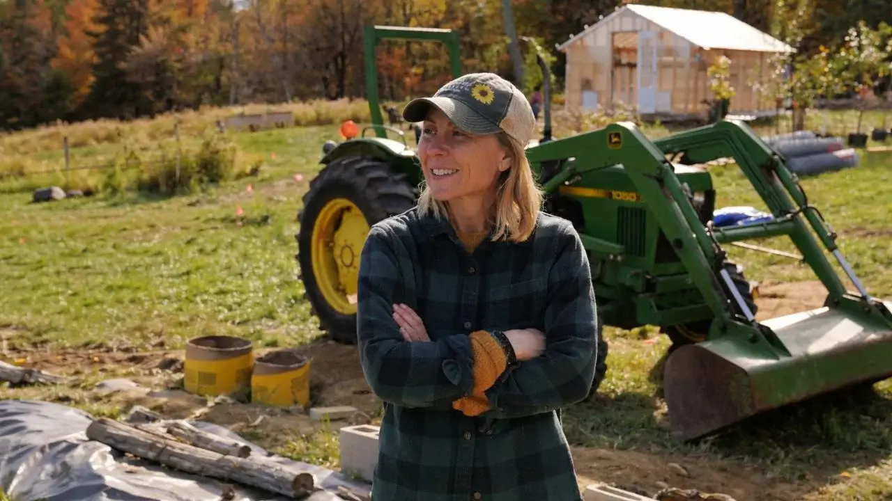 Melissa Schneider standing with arms crossed having a tractor in the background, placed in an area with lovely green grass